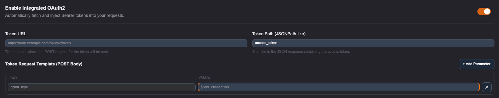 Il tab 'Auth' selezionato nel Builder, che mostra il tipo OAuth 2.0 attivo e le opzioni di configurazione (Token URL, Credentials, etc.).