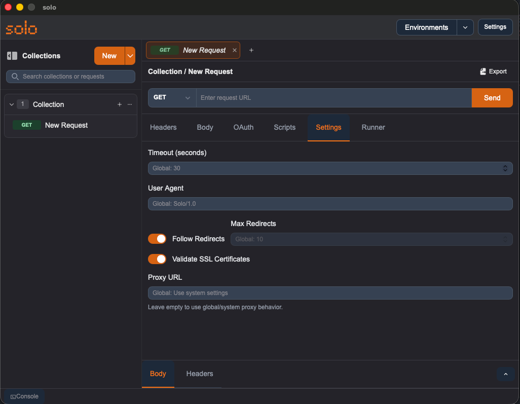 Mostra la sezione 'Request Settings' con i campi Timeout, Redirects, Proxy e Validate SSL.