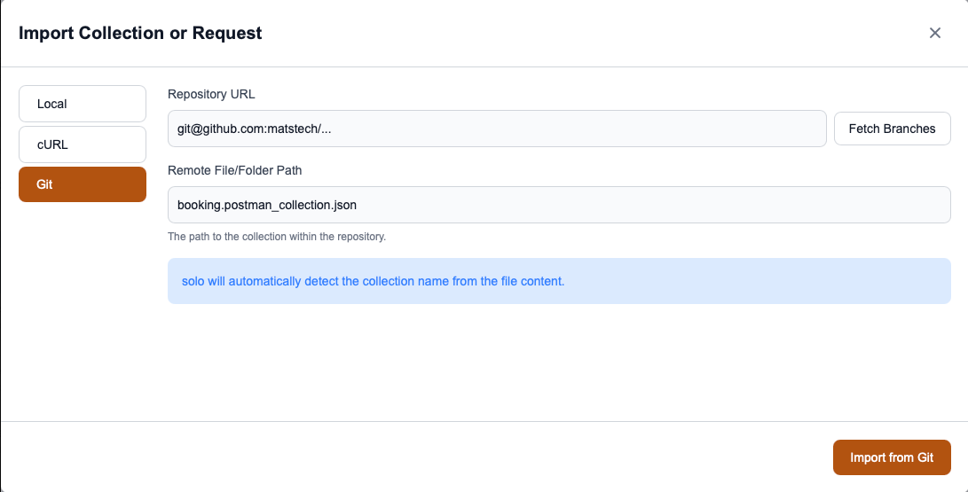 Il modale di configurazione Git con i campi Remote URL e Repository Path compilati.