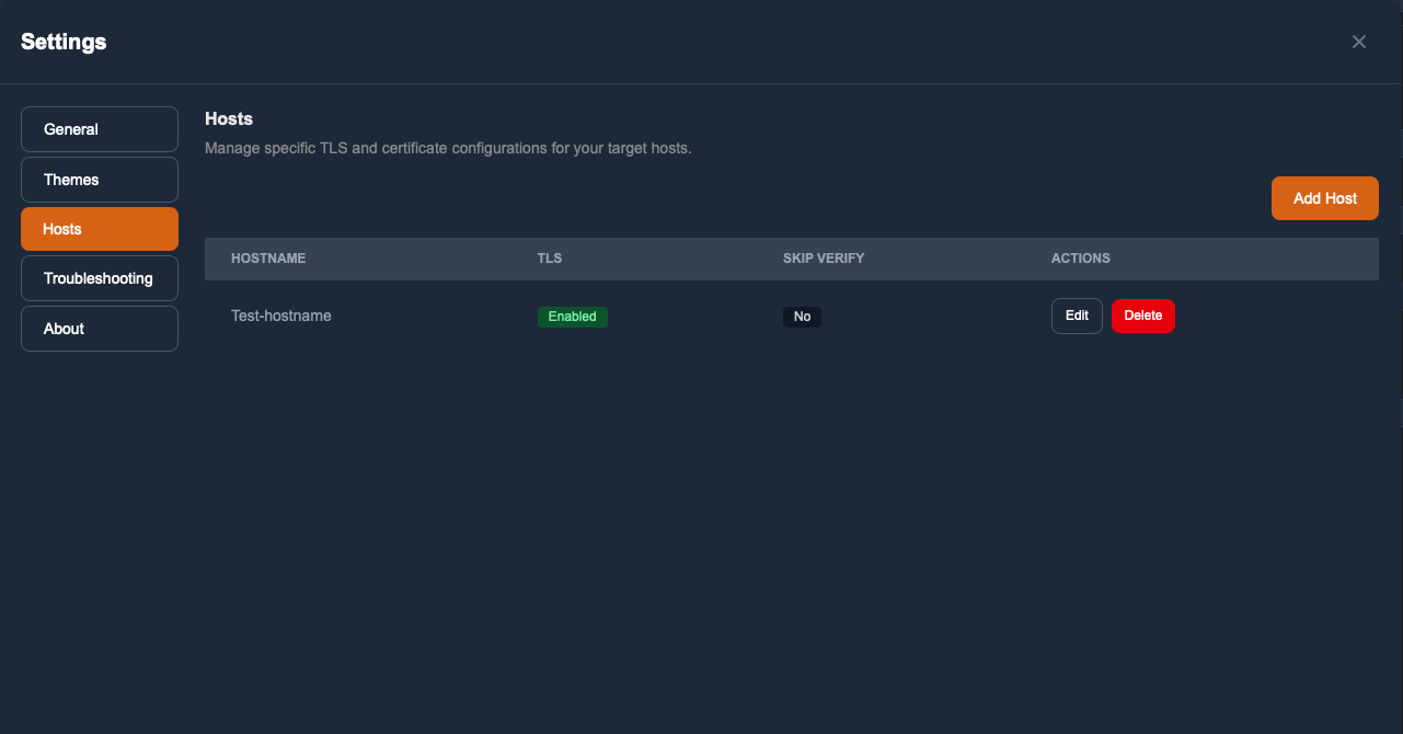Il pannello delle impostazioni Host di Solo con un host già configurato, che mostra i dettagli TLS e i cookie associati.