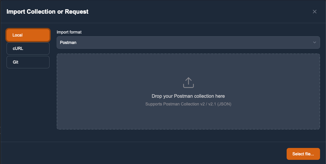 Il modale di importazione di Solo aperto, con le opzioni Postman, OpenAPI, Bruno e cURL visibili. Deve mostrare la dropzone per caricare i file.