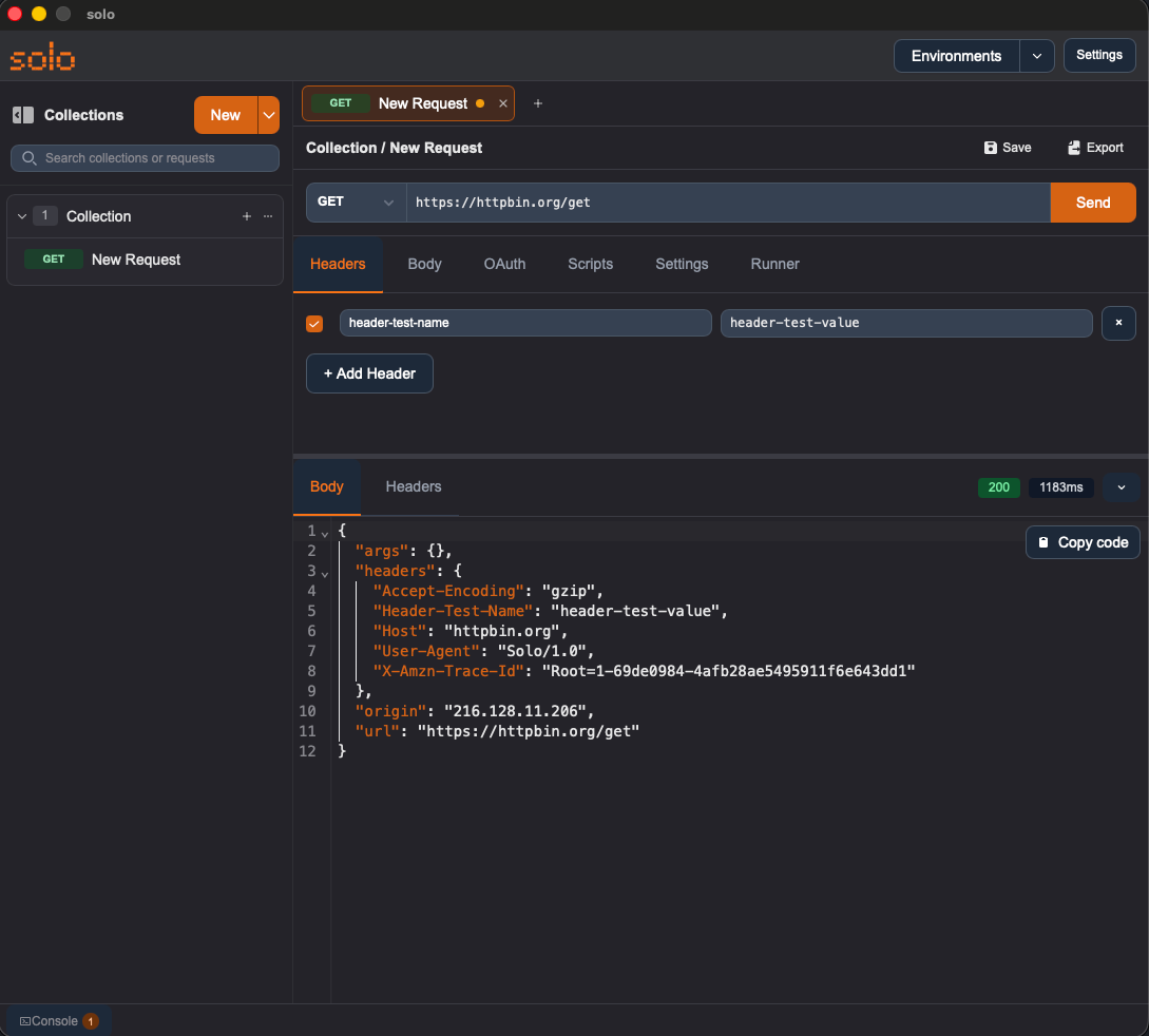 Una vista d'insieme del Request Builder di Solo. Deve mostrare la barra dell'URL con il metodo GET, i tab 'Headers', 'Body', 'Auth', 'Scripts' e il pannello della risposta sottostante con un JSON di esempio.
