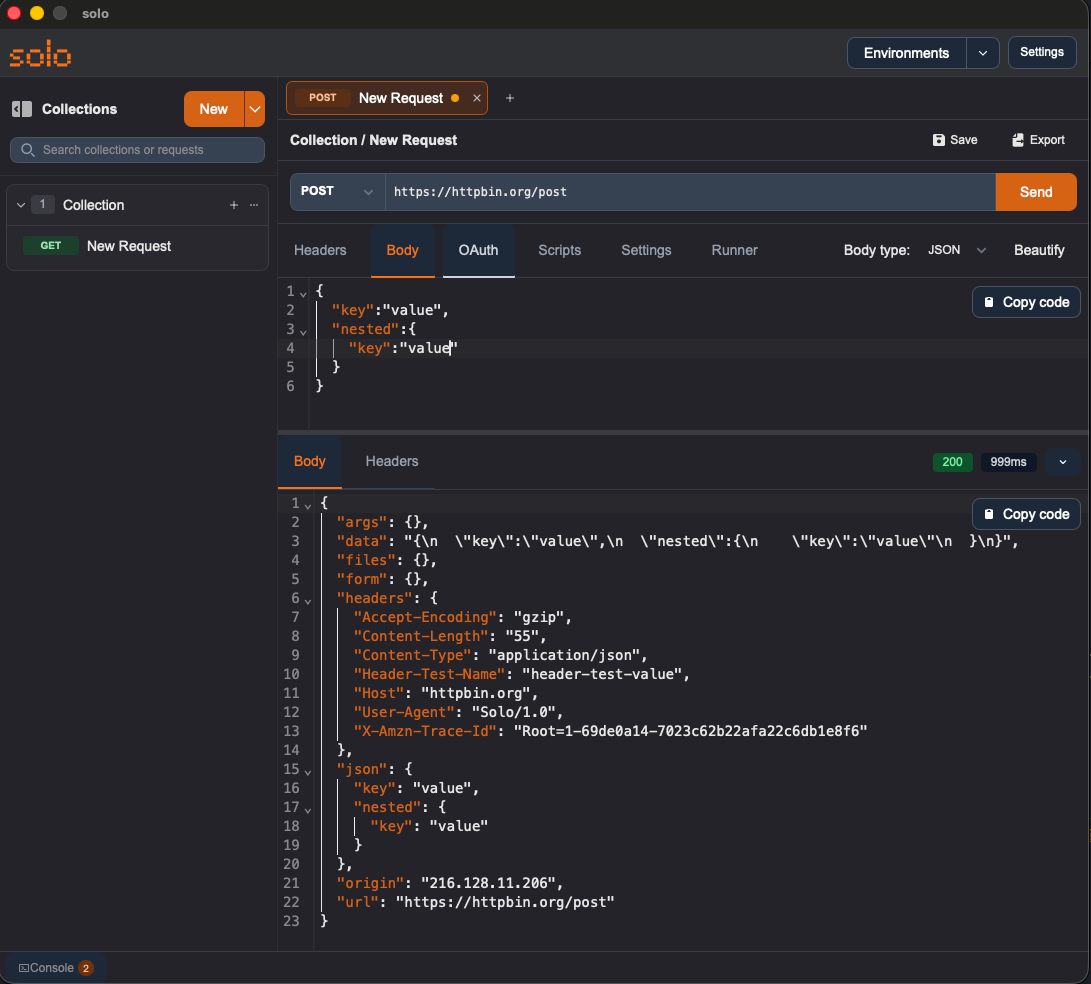 Il componente editor che mostra un body JSON complesso con colori diversi per chiavi e valori.