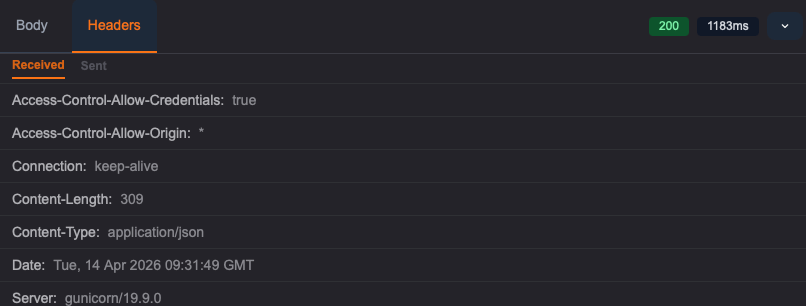 Primo piano dei metadati della risposta: status code verde '200 OK', tempo di risposta in ms e dimensione del body.