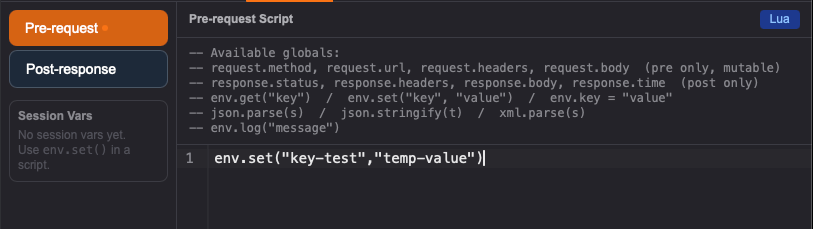 L'editor di script Lua di Solo con un esempio di script pre-request che aggiunge un header personalizzato.