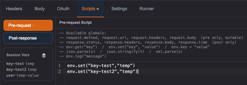 Il pannello delle Session Variables che mostra l'elenco delle chiavi e dei valori correnti in memoria.