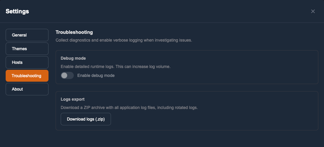 Il pannello 'Troubleshooting' nelle impostazioni di Solo con il pulsante per scaricare i log e il toggle della Debug Mode.